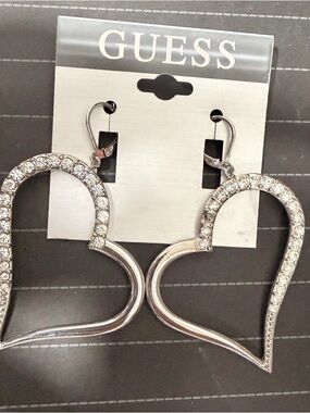 GUESS Silver Crystal Heart Hoop Earrings